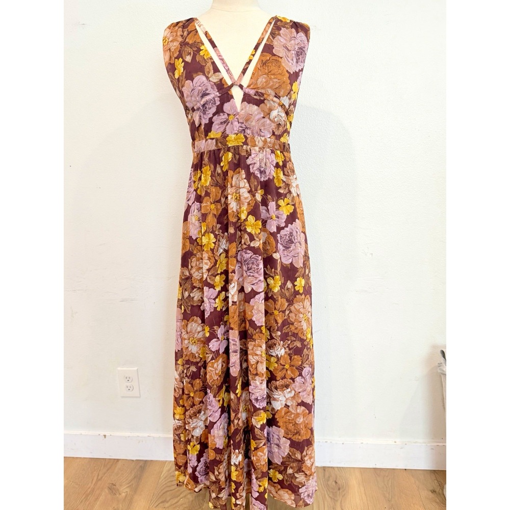 En Crème Floral Chiffon Maxi Dress V-Neck Sleeveless Lined Zip Size L elegant